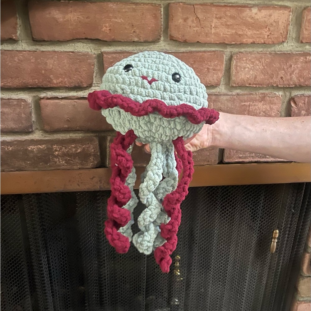 Handmade Crochet Jellyfish Plush in Sea Foam Green and Cranberry - Picture 4 of 5